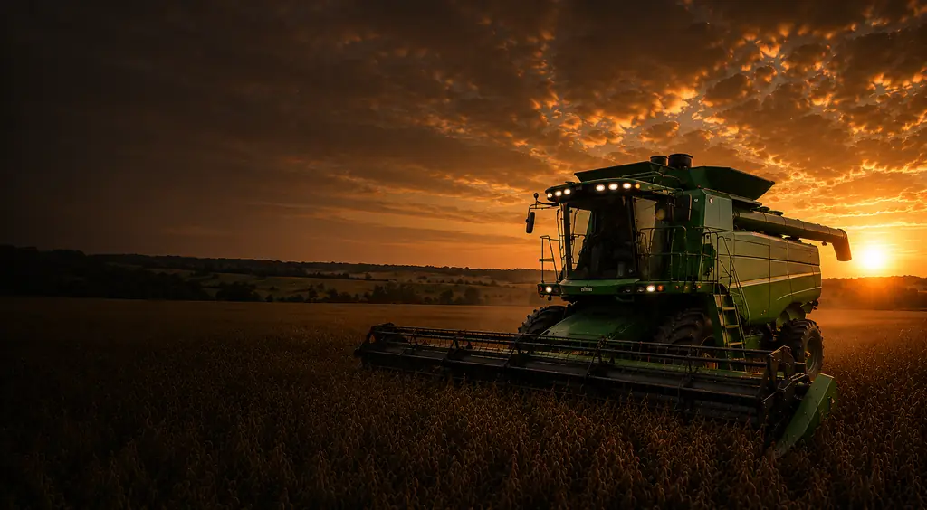 Máquina agrícola trabalhando em lavoura ao entardecer no cerrado brasileiro